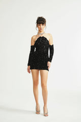 Sloan Dress Black Sequin Crystal Embellished Off - Shoulder Mini