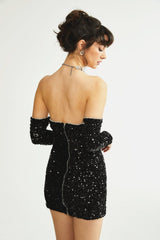 Sloan Dress Black Sequin Crystal Embellished Off - Shoulder Mini