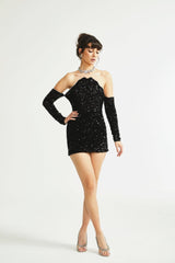 Sloan Dress Black Sequin Crystal Embellished Off - Shoulder Mini