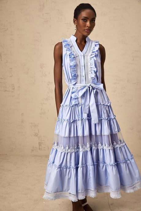 Sloan Floral Midi Dress in Vibrant Blue with Ruffled & Tiered Design