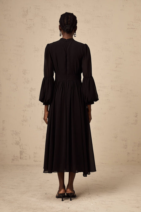 Sloan Midi Dress Black Pleated Gold Button Front Balloon Sleeves