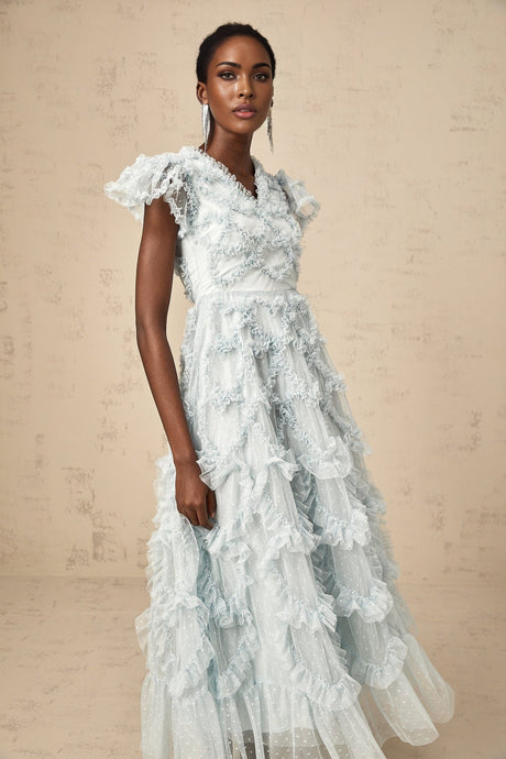 Sloan Midi Dress in Blue with Ruffled VNeck & Dot Embroidery