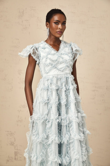Sloan Midi Dress in Blue with Ruffled VNeck & Dot Embroidery