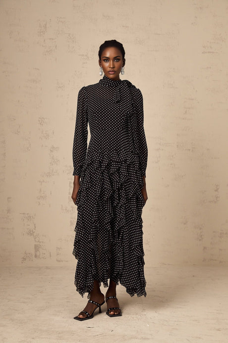 Sloan Midi Dress Polka Dot Ruffles Black & White Ankle Length Bow Elegant Zip Fastening