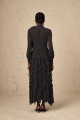 Sloan Midi Dress Polka Dot Ruffles Black & White Ankle Length Bow Elegant Zip Fastening