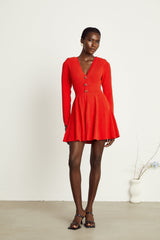 Sloan Mini Dress Red Knit Flare Crystal Heart Buttons