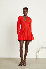 Sloan Mini Dress Red Knit Flare Crystal Heart Buttons