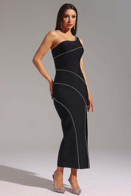 Sofia Black Bandage One Shoulder Dress with Diamond Detail and Thigh-High Slit for Women