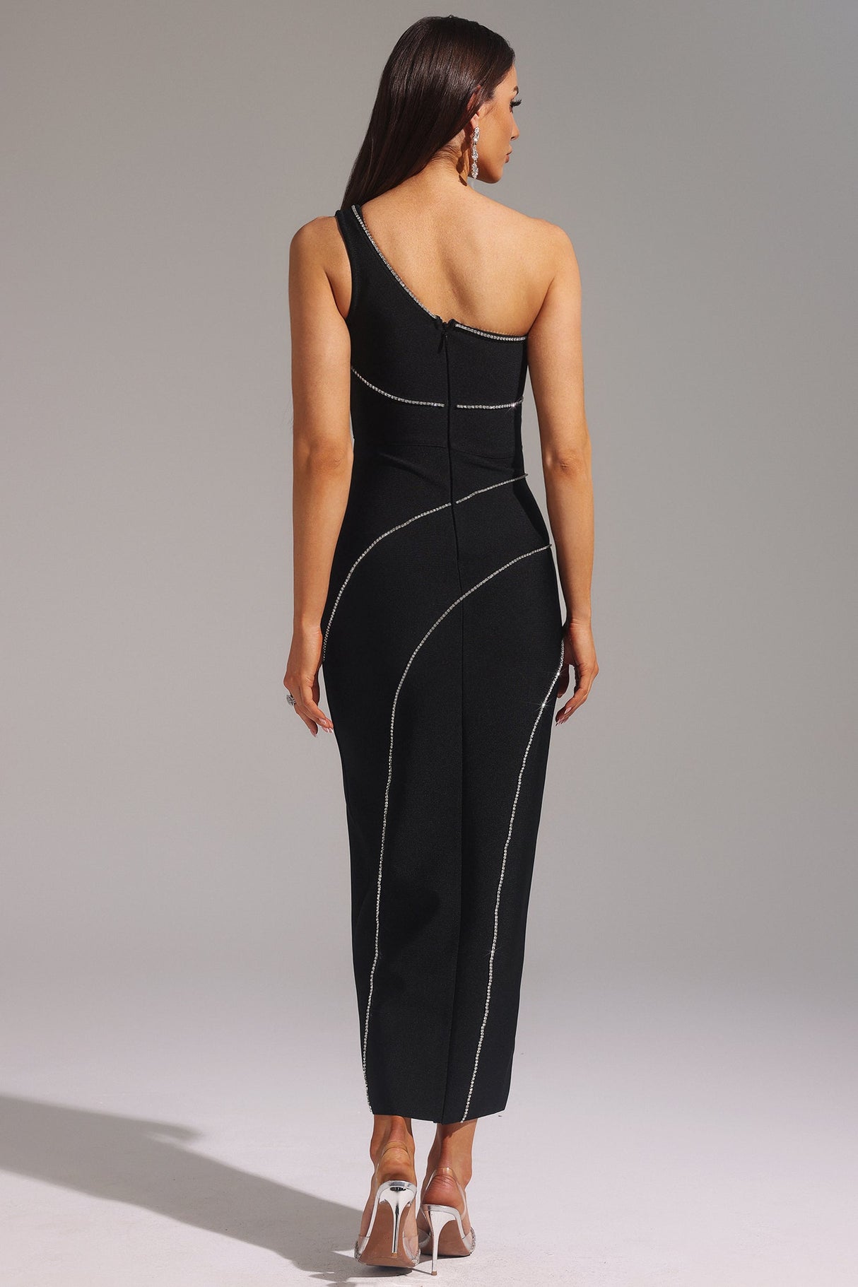 Sofia Black One-Shoulder Bandage Dress with Diamond Detail and Thigh-High Slit for Special Occasions