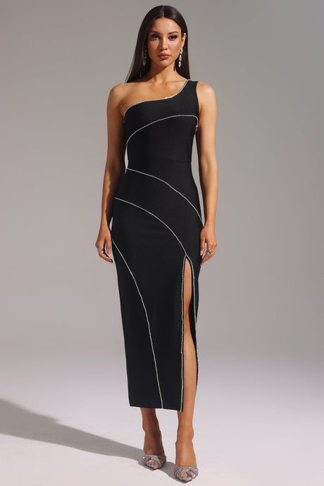 Sofia Black Bandage One Shoulder Dress with Diamond Detailing and Thigh-High Slit for Women