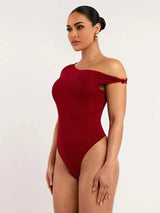 Sofia Bodysuit - High Stretch Fabric - Slim Fit - Asymmetrical, Criss Cross - Casual Style - Short Sleeve Length - Natural Waist (mid Waist)