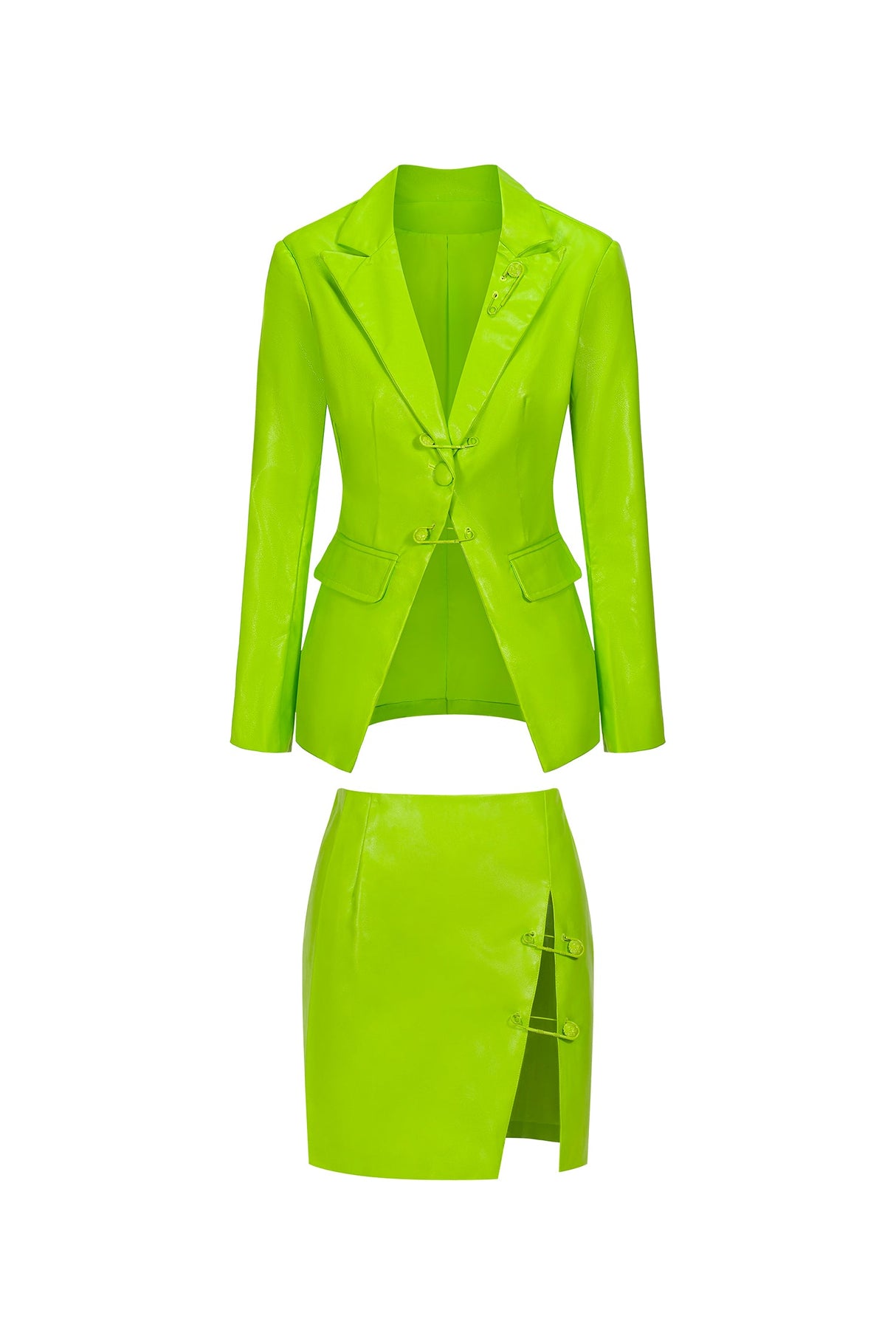 Sofia Green Leather Blazer Mini Skirt Set Notched Collar Button Detailing Side Slit