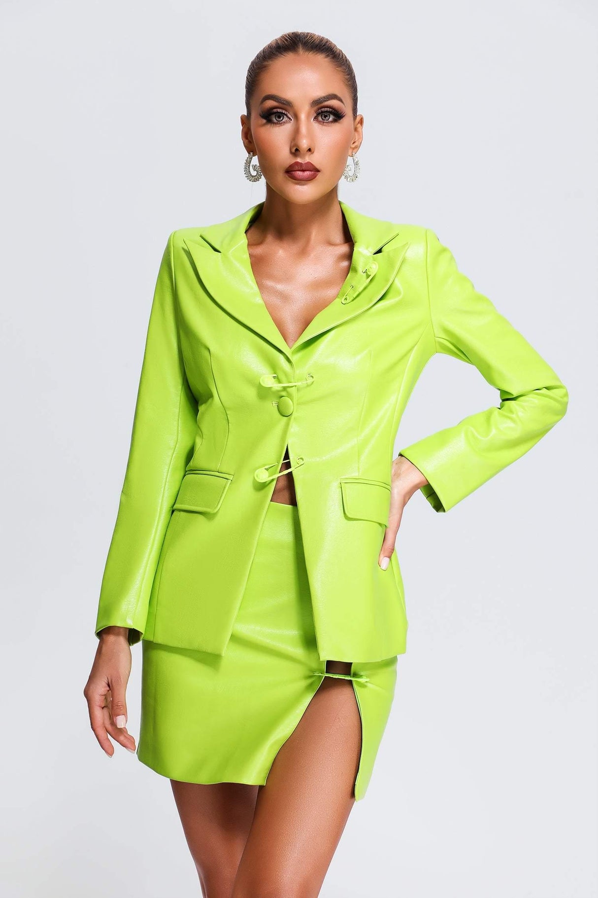 Sofia Green Leather Blazer Set with Notched Collar and Side Slit Mini Skirt