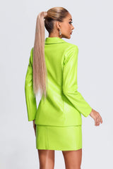 Sofia Green Leather Blazer Set with Notched Collar and Side Slit Mini Skirt