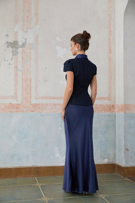 Sofia Maxi Dress - Navy Blue with Peplum Waist, Detachable Skirt