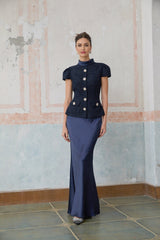 Sofia Maxi Dress - Navy Blue with Peplum Waist, Detachable Skirt