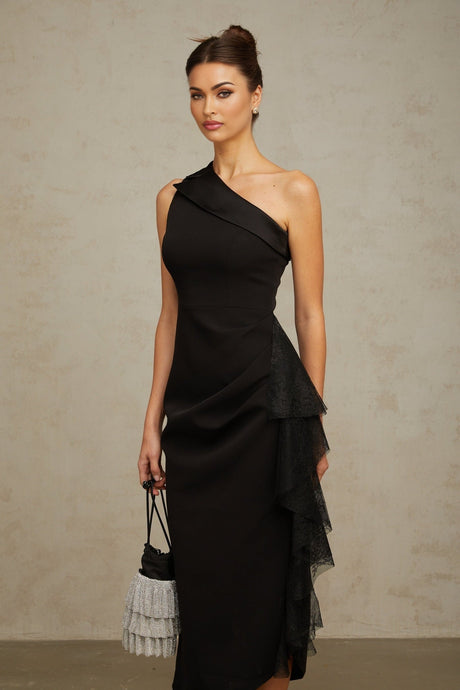 Sofia Midi Dress Black Lace Panel Ruffled Calflength