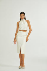 Sofia White Crystal - Embellished Top and Slit Skirt Set