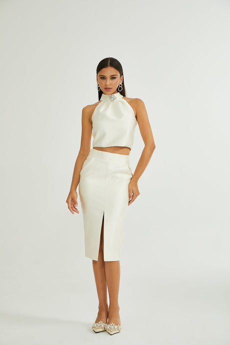 Sofia White Crystal - Embellished Top and Slit Skirt Set