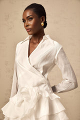 Solene white mini dress with semi sheer fabric floral pattern and ruffle details
