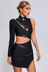 Sonia Black Bandage One Shoulder Mini Dress with Cutout Detailing and Glossy Accents