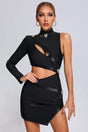 Sonia Black One Shoulder Bandage Mini Dress with Cutout Detailing and Glossy Accents