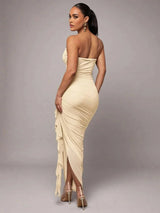 Sonia Maxi Dress - Refined Style - Slim Fit - Strapless Neckline - Sleeve Length Sleeveless - High Waist Line - Ruched, Ruffle, Split Thigh