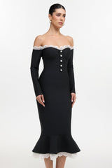 Sophia Black Lace Off-Shoulder Button Front Bodycon Dress