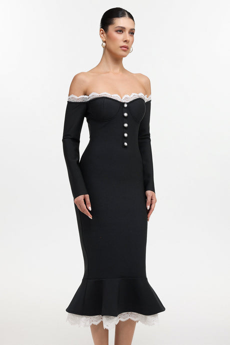 Sophia Black Lace Off-Shoulder Button Front Bodycon Dress