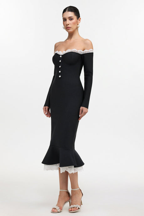 Sophia Black Lace Off-Shoulder Button Front Dress