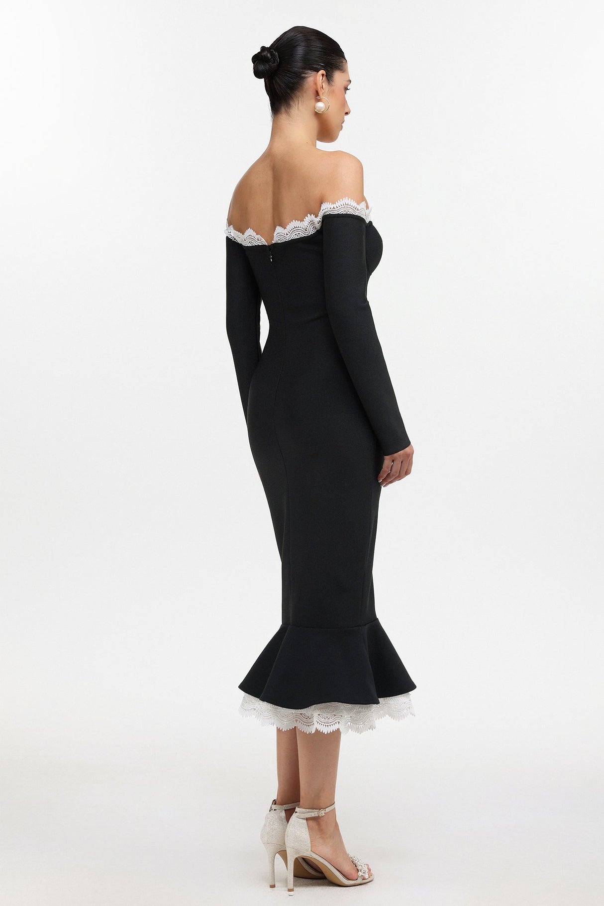 Sophia Black Lace Off-Shoulder Button Front Dress