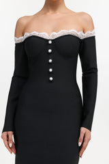 Sophia Black Lace Off-Shoulder Button Front Dress