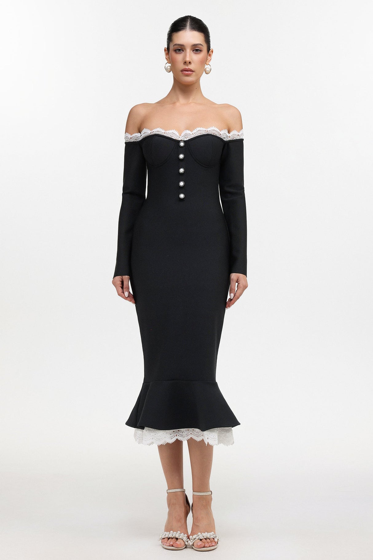 Sophia Black Lace Trim Off-Shoulder Button Front Bodycon Dress