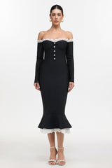 Sophia Black Lace Trim Off-Shoulder Button Front Bodycon Dress