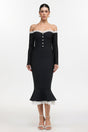 Sophia Black Lace Trim Off-Shoulder Button Front Bodycon Dress