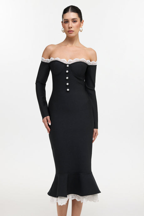 Sophia Black Lace Trim Off-Shoulder Button Front Bodycon Dress