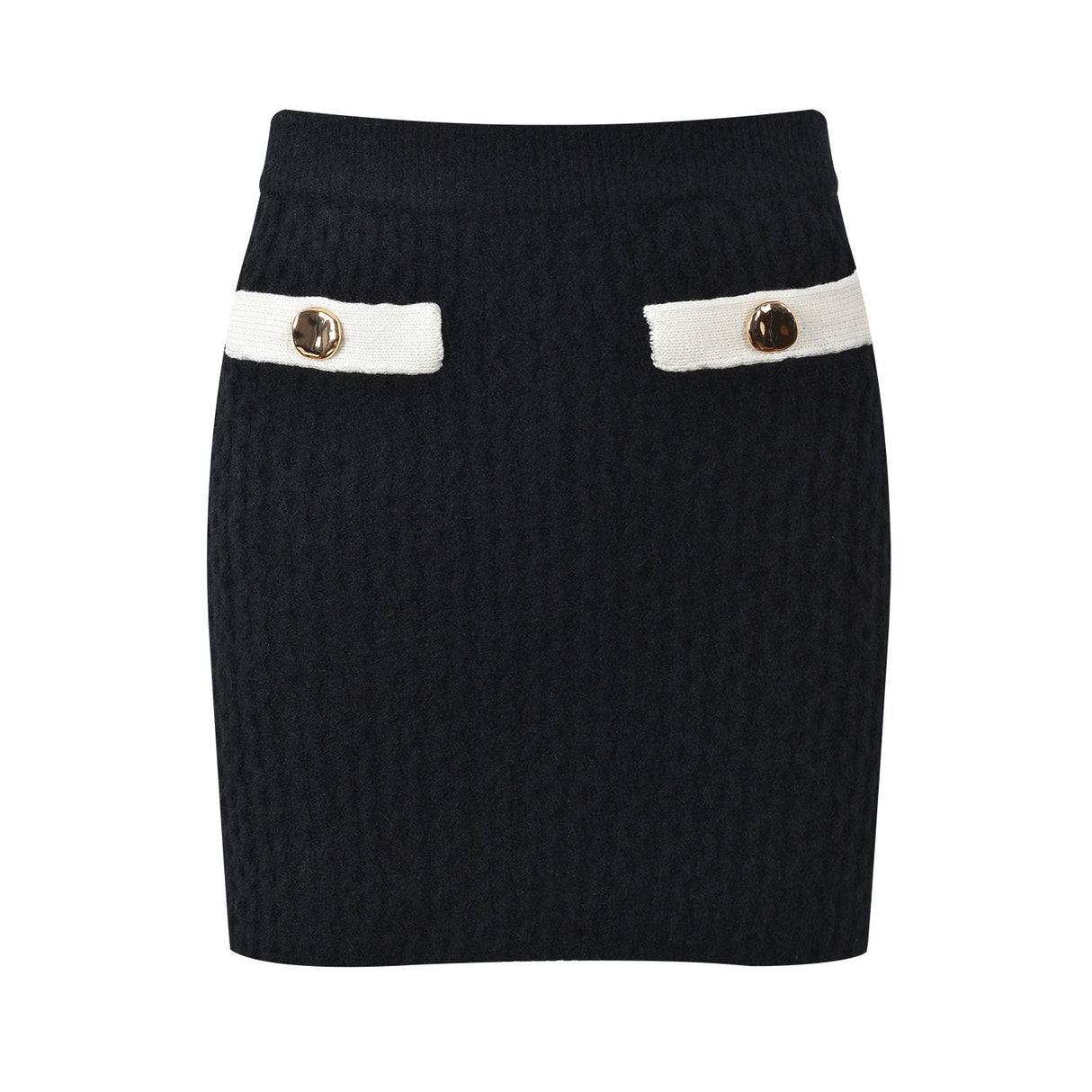 Sophia Jacket & Skirt Set - Elegant Ribbed Knit - Tailored Fit - Contrasting Accents - Gold Buttons - Versatile Style