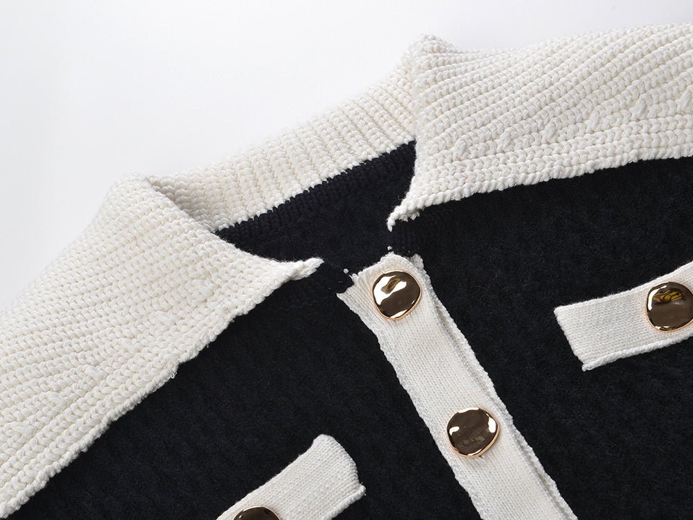 Sophia Jacket & Skirt Set - Elegant Ribbed Knit - Tailored Fit - Contrasting Accents - Gold Buttons - Versatile Style