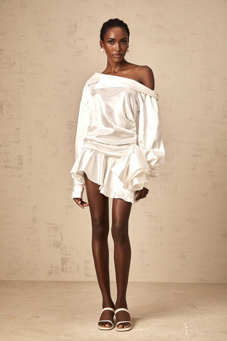 Sophia Mini Dress White Satin One Shoulder Deconstructed