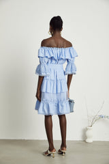 Sophie Blue Off - Shoulder Tiered Dress With Lace Trim and Waist Tie