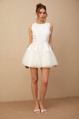 Stefania Mini Dress White Peplum Ruffle Tulle Panel Hem