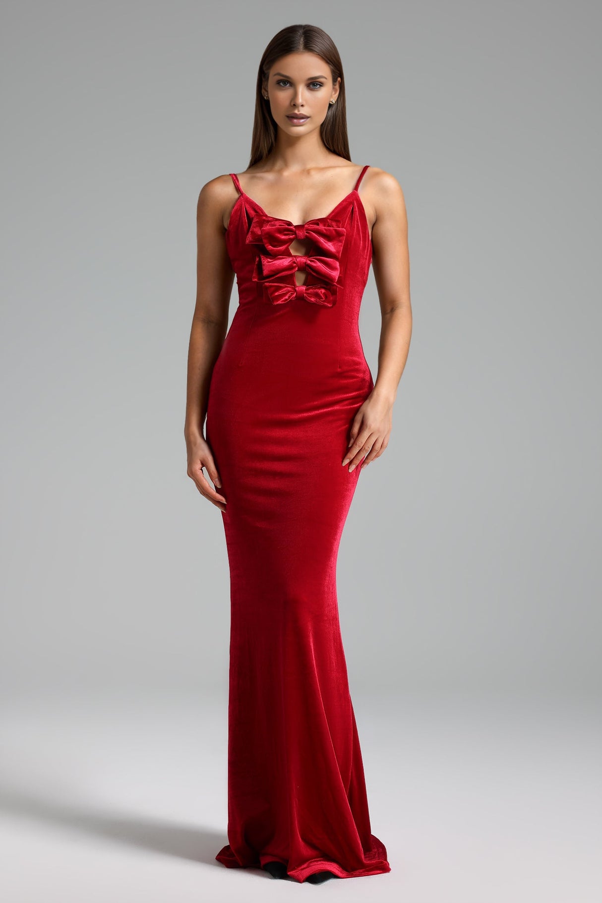 Stefania Red Velvet Halter Maxi Dress with Bow Detailing
