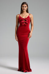 Stefania Red Velvet Halter Maxi Dress with Bow Detailing