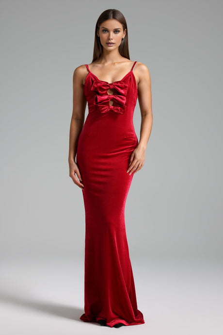 Stefania Red Velvet Halter Maxi Dress with Bow Detailing