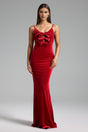 Stefania Red Velvet Halter Maxi Dress with Bow Detailing