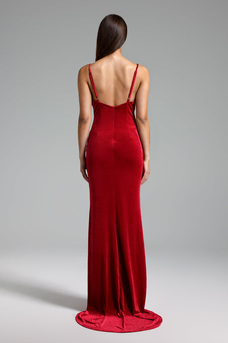 Stefania Red Velvet Halter Maxi Dress with Bow Detailing