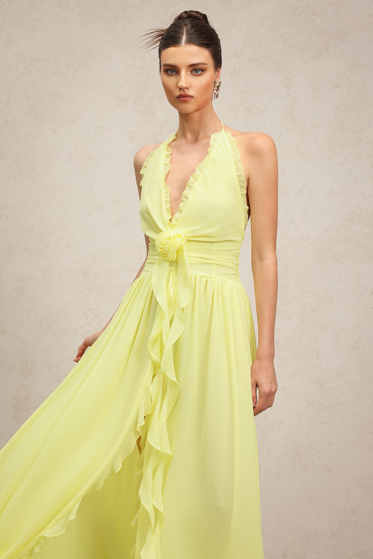 Stefania Yellow Maxi Dress with Ruffle Detailing