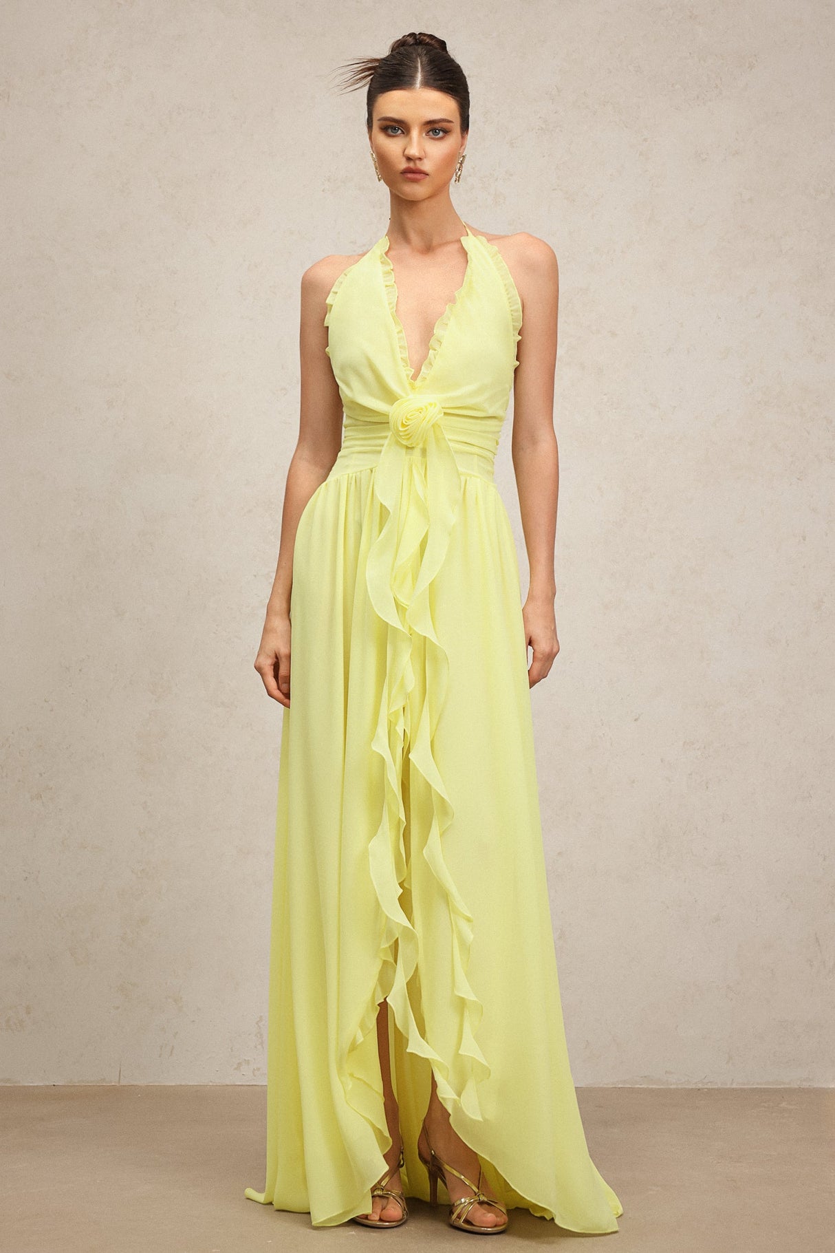 Stefania Yellow Ruffle Detail Maxi Dress