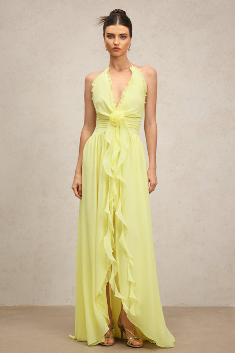 Stefania Yellow Ruffle Detail Maxi Dress