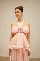 Stella Floral Maxi Dress in Pink with Halterneck Design and Cut - out Detailing